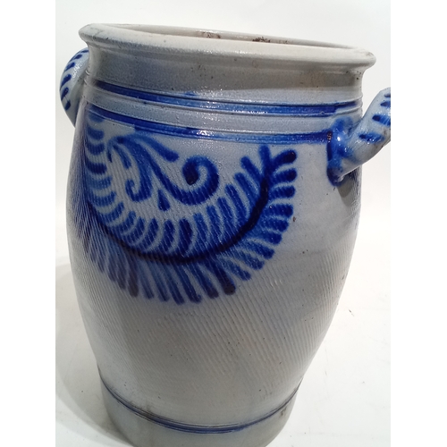 692 - Large Vintage glazed ceramic storage jar with blue fern decoration and two handles 36cm high