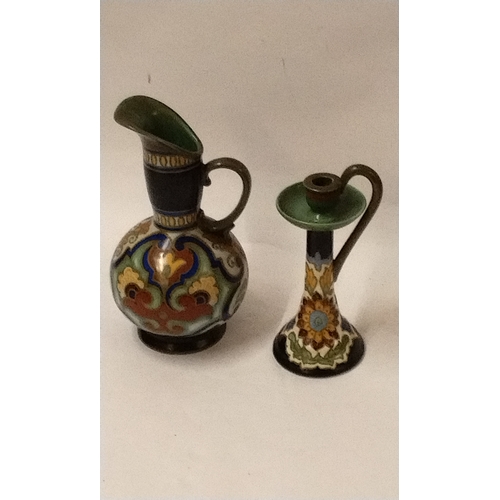 673 - Decorative made in Holland ceramic Jug 26cm high Along With A  candlestick 23cm high