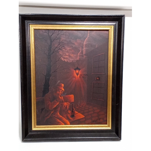 746 - Vintage oil on canvas old man with dog by lamplight Signed Lower Right 76cm x 61cm