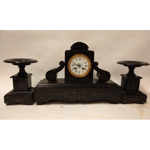 762 - French black slate clock with Garnitures. (No key) 32cm high