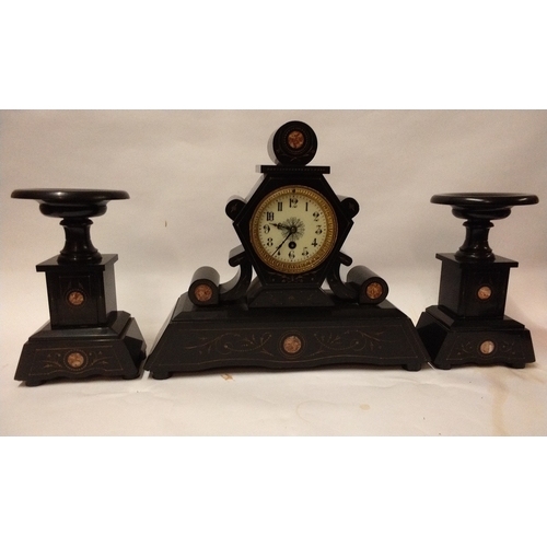 763 - Black slate French clock with Garnitures 35cm high (no key)