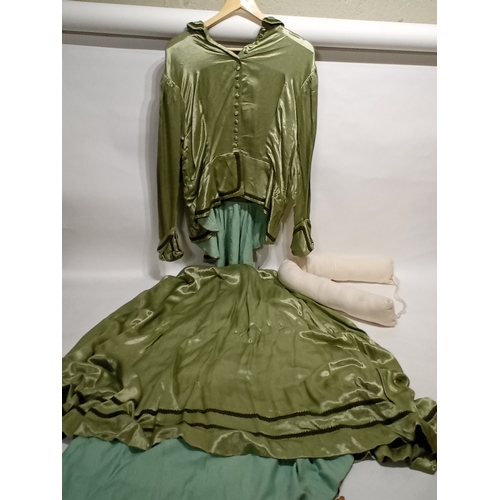 753 - Vintage film prop American colonial lady's dress in satin green with petty coat and bussle 1750s