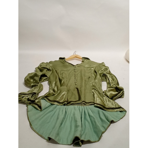 753 - Vintage film prop American colonial lady's dress in satin green with petty coat and bussle 1750s