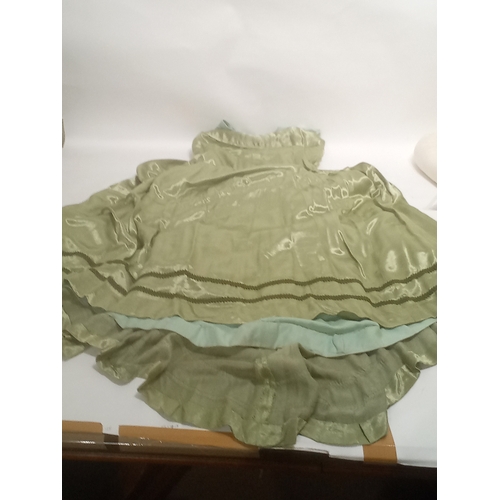 753 - Vintage film prop American colonial lady's dress in satin green with petty coat and bussle 1750s