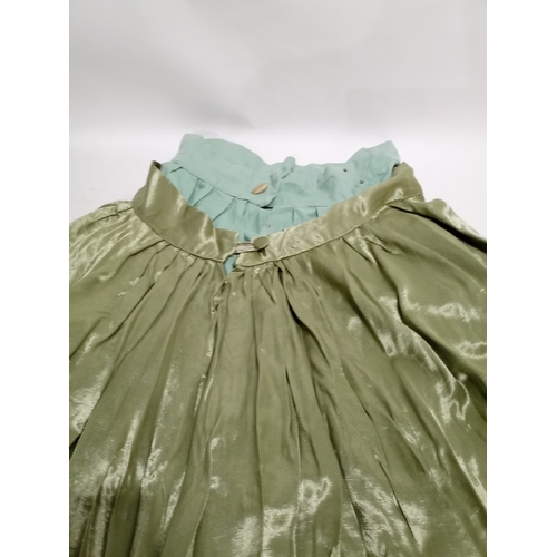 753 - Vintage film prop American colonial lady's dress in satin green with petty coat and bussle 1750s