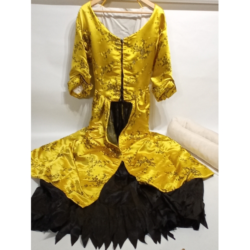 754 - Vintage film prop American colonial lady's dress in gold satin and black satin under garment with bu... 