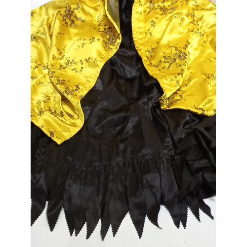 754 - Vintage film prop American colonial lady's dress in gold satin and black satin under garment with bu... 