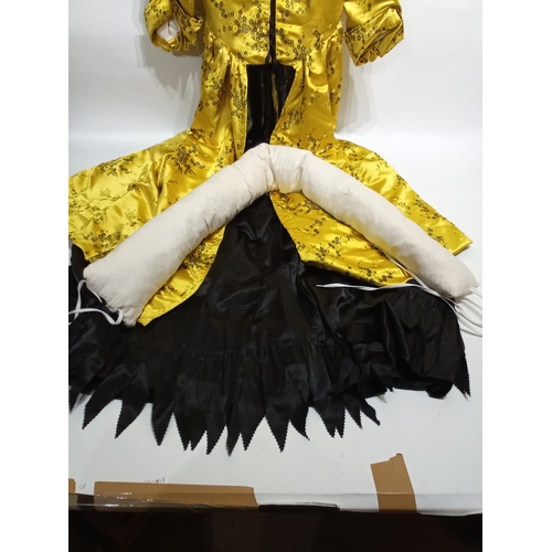 754 - Vintage film prop American colonial lady's dress in gold satin and black satin under garment with bu... 