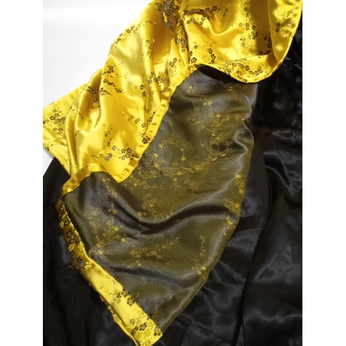 754 - Vintage film prop American colonial lady's dress in gold satin and black satin under garment with bu... 