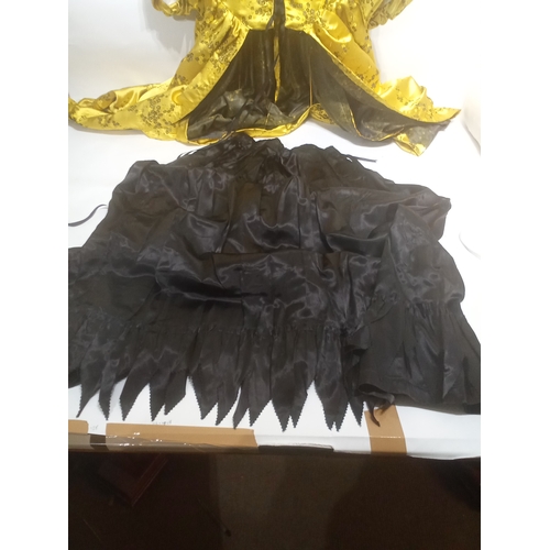 754 - Vintage film prop American colonial lady's dress in gold satin and black satin under garment with bu... 