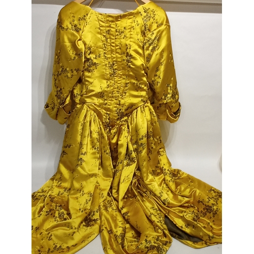 754 - Vintage film prop American colonial lady's dress in gold satin and black satin under garment with bu... 