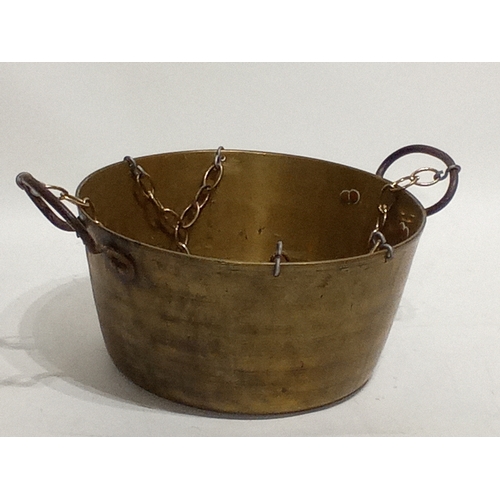 786 - Vintage preserving pan in bass with wrought-iron handles later converted with hanging chains 29cm di... 