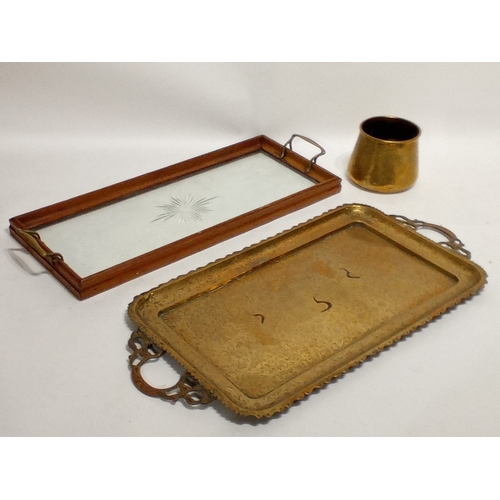 789 - 2 Vintage trays and a brass pot etched decoration, the brass tray profusely etched with peacocks and... 