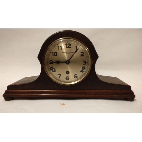 802 - Wood cased 3 hole Mantle clock (no key) 24cm high Pleasance & harper Bristol