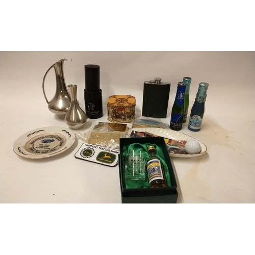 809 - Tray of collectable to include 3 x vintage bottles of Baby ham, Braun table lighter in JPS Tub, hip ... 