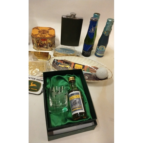 809 - Tray of collectable to include 3 x vintage bottles of Baby ham, Braun table lighter in JPS Tub, hip ... 