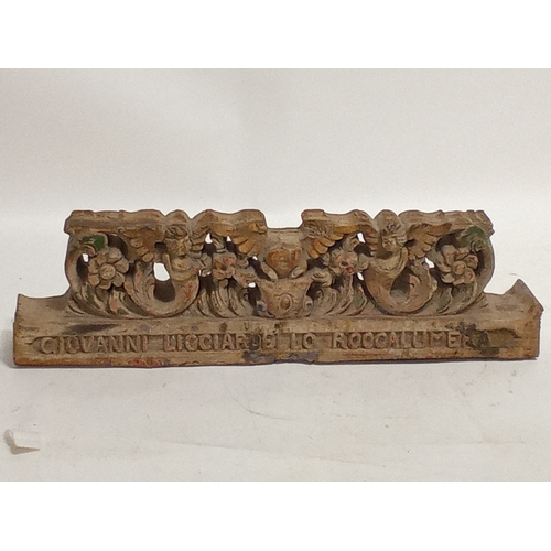 872 - Decorative Antique Italian wood carving possibly a small lintel or Sicilian cart fragment with 
GIOV... 