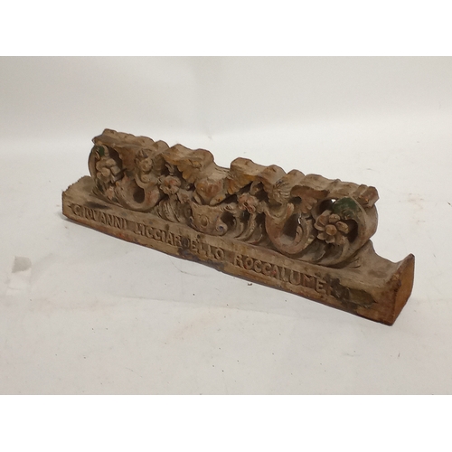 872 - Decorative Antique Italian wood carving possibly a small lintel or Sicilian cart fragment with 
GIOV... 
