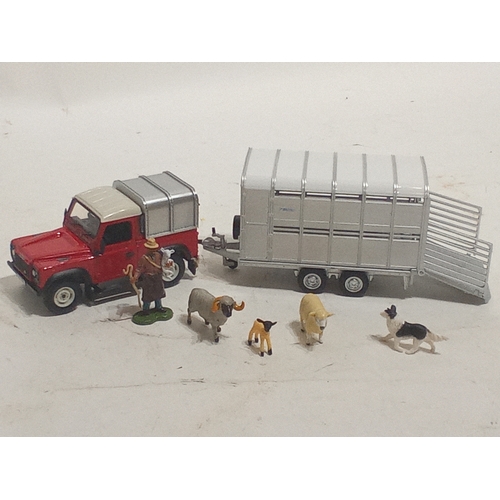 1152 - NEW EX DISPLAY BRITAIN'S DIECAST LANDROVER DEFENDER AND IFOR WILLIAMS TRAILER WITH SHEPPARD AND LIVE... 