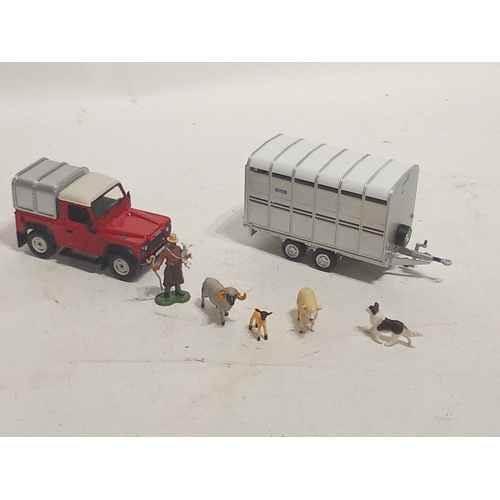 1152 - NEW EX DISPLAY BRITAIN'S DIECAST LANDROVER DEFENDER AND IFOR WILLIAMS TRAILER WITH SHEPPARD AND LIVE... 