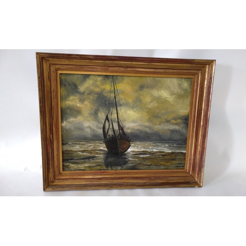 317 - Framed oil on canvas of a sailing boat at sea, 48cm x 38cm. Signed and dated lower right