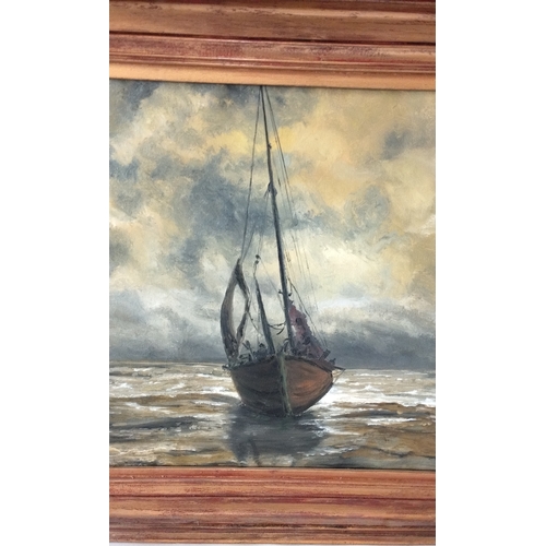 317 - Framed oil on canvas of a sailing boat at sea, 48cm x 38cm. Signed and dated lower right