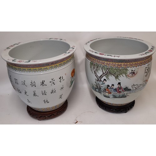 318 - A Pair Of  Large Oriental Planters / Bowls  On Wood Carved Bases both with Poem/story to one side . ... 