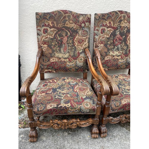 16 - Two Carved French Needlepoint Tapestry Arm Chairs With Lion Paw Feet. (2)