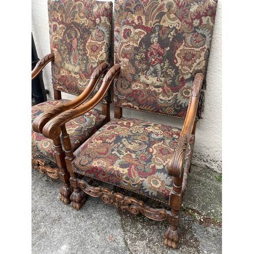 16 - Two Carved French Needlepoint Tapestry Arm Chairs With Lion Paw Feet. (2)