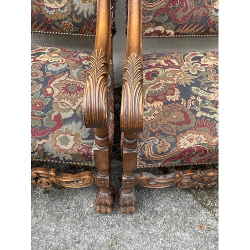 16 - Two Carved French Needlepoint Tapestry Arm Chairs With Lion Paw Feet. (2)
