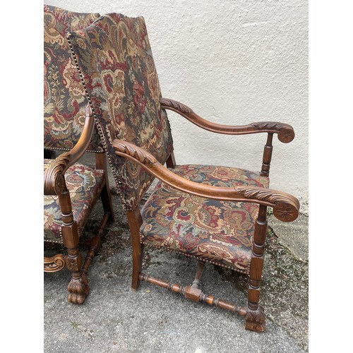 16 - Two Carved French Needlepoint Tapestry Arm Chairs With Lion Paw Feet. (2)