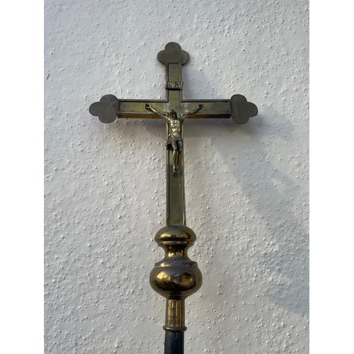 319 - Vintage Church Processional Crucifix Of Brass And Wood Construction. 236 cms