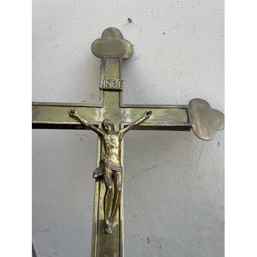 319 - Vintage Church Processional Crucifix Of Brass And Wood Construction. 236 cms