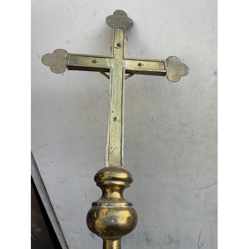 319 - Vintage Church Processional Crucifix Of Brass And Wood Construction. 236 cms