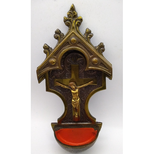 5 - Vintage Metal Holy  Water  Font depicting Jesus on the Cross, 21.5cm high x 11cm wide