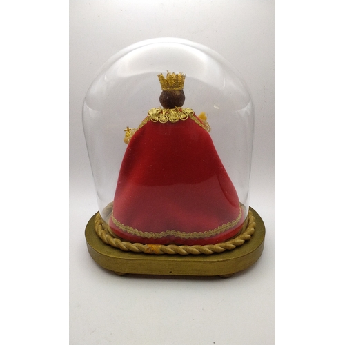 6 - Religious wax figure in Glass Dome on wood base, 23cm high x 21cm wide