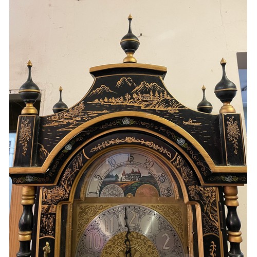 24 - Decorative Chinese Lacquered Long case Clock. 228 x 52 x 29 cms