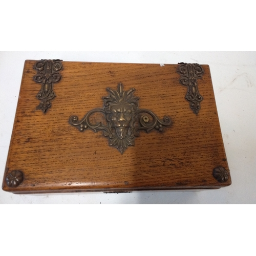 12 - Wood desk top box with brass decoration, 23cm x 16cm x 10cm