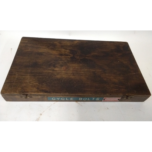 13 - Vintage Wood box with 10 compartments labeled 'Cycle parts' with a lable' quality assurance Director... 