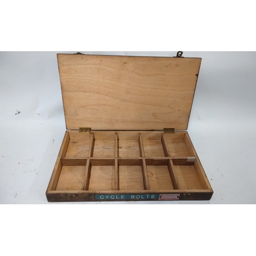 13 - Vintage Wood box with 10 compartments labeled 'Cycle parts' with a lable' quality assurance Director... 