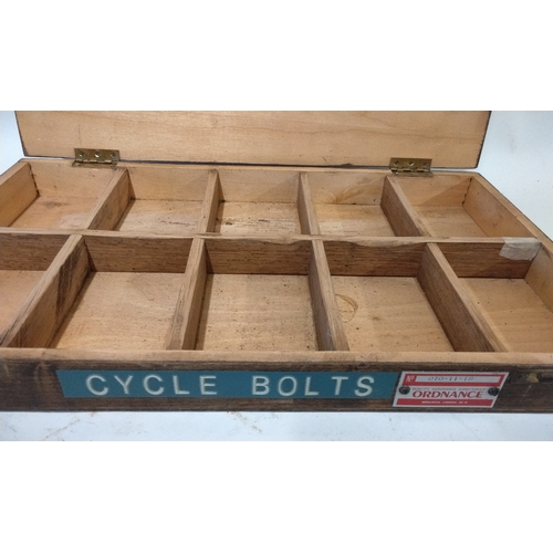 13 - Vintage Wood box with 10 compartments labeled 'Cycle parts' with a lable' quality assurance Director... 