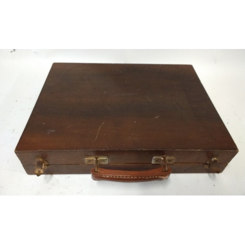 14 - Wooden case with leather handle, 39cm x 30cm x 8cm