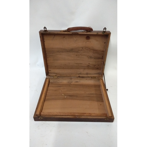 14 - Wooden case with leather handle, 39cm x 30cm x 8cm