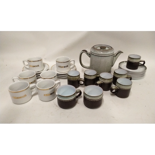 17 - Denby coffee set to include coffee pot, 6 cups and saucers, milk jug and sugar bowl together with 6 ... 