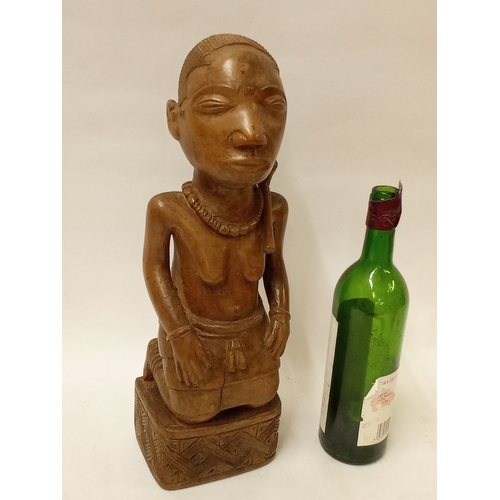 174 - Vintage hardwood tribal figure of a kneeling woman makonde Tanzania 43cm high