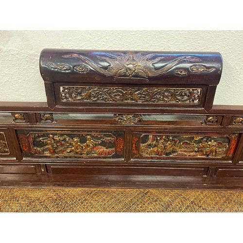 28 - Vintage Chinese Opium / Day Bed With Decorated Panels And Carved Legs . 200 x 98 x 96 cms