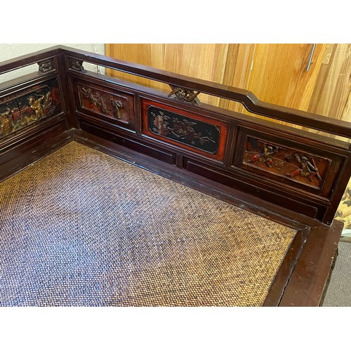 28 - Vintage Chinese Opium / Day Bed With Decorated Panels And Carved Legs . 200 x 98 x 96 cms