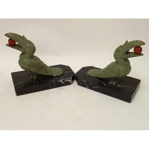 182 - Pair of cold painted metal hornbill birds on marble bases signed H. MORENU 14cm x 15cm