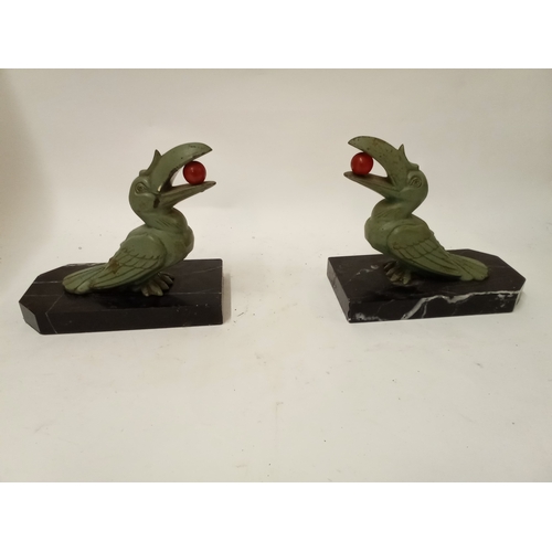 182 - Pair of cold painted metal hornbill birds on marble bases signed H. MORENU 14cm x 15cm