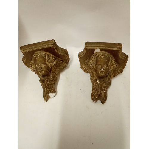 183 - Vintage Pair of gold painted cherub corbels 17cm x 18cm